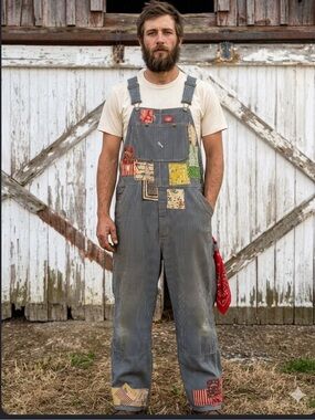 Upcycled gardener farmer patched hickory striped dickies bib overalls